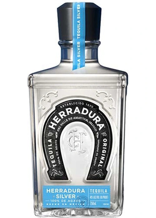 Herradura Blanco 700ml clear glass tequila bottle with horseshoe label
