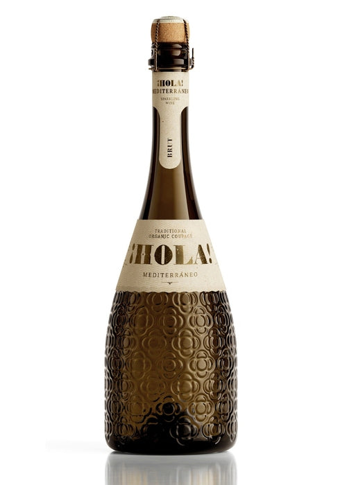Hola Mediterraneo Brut sparkling wine bottle with organic Chardonnay and textured circular design