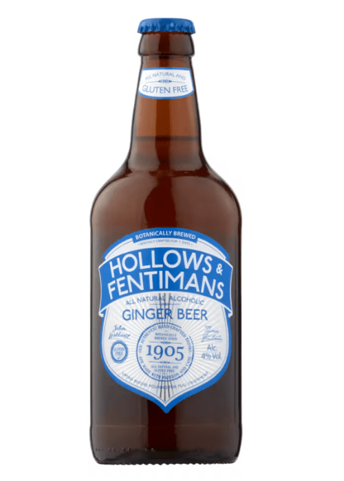 Hollows & Fentimans 500ml brown glass bottle of botanically brewed alcoholic ginger beer with blue cap and white label