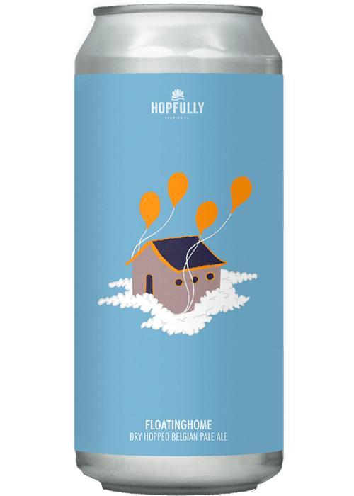 Hopfully Floatinghome Belgian Pale Ale can with house and balloon label design
