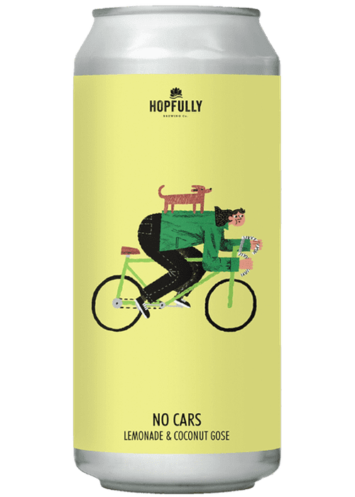 Hopfully No Cars Lemonade Coconut Gose beer can with bicycle illustration