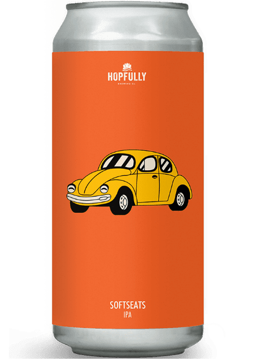 Hopfully Softseats IPA 440ml aluminum can with orange label and yellow VW Beetle design