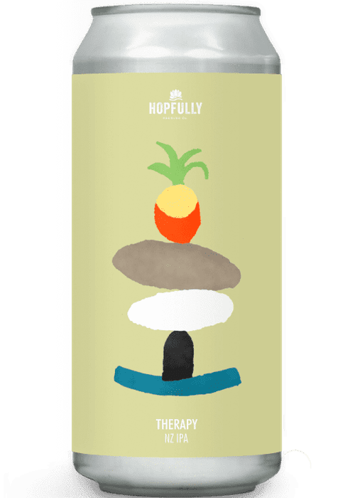 Hopfully Therapy NZ IPA 440ml silver can with olive green label and pineapple graphic
