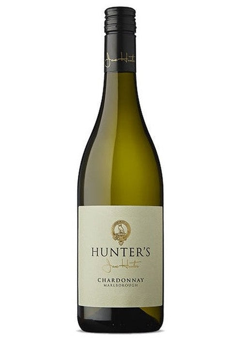 Hunter's Chardonnay white wine bottle with cream label and gold emblem