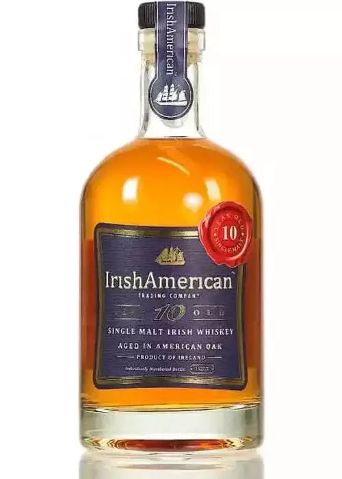 Irish American 10 Year Old Single Malt Irish Whiskey in amber glass with blue and gold label