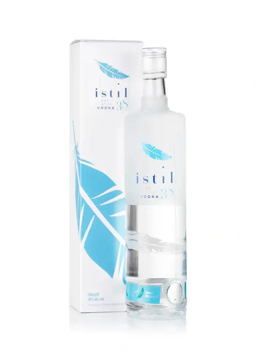 Istil 38 Pot Still Irish Vodka 700ml bottle with white box and blue feather label