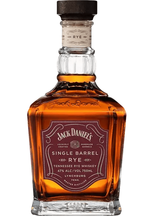 Jack Daniels Single Barrel Rye Tennessee Whiskey 750ml bottle with maroon label and amber liquid