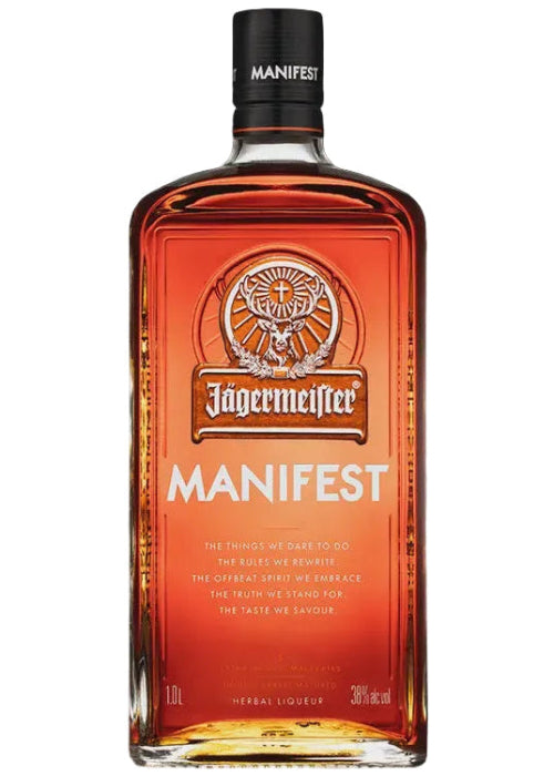 Jagermeister Manifest 1L herbal liqueur bottle with amber liquid and stag emblem label