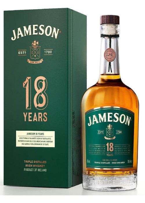 Jameson 18 Year Old Irish Whiskey bottle and dark green box with gold lettering