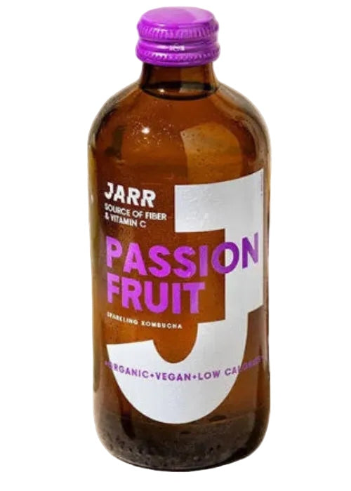 Jarr Passion Fruit sparkling kombucha amber glass bottle with purple cap and organic vegan label