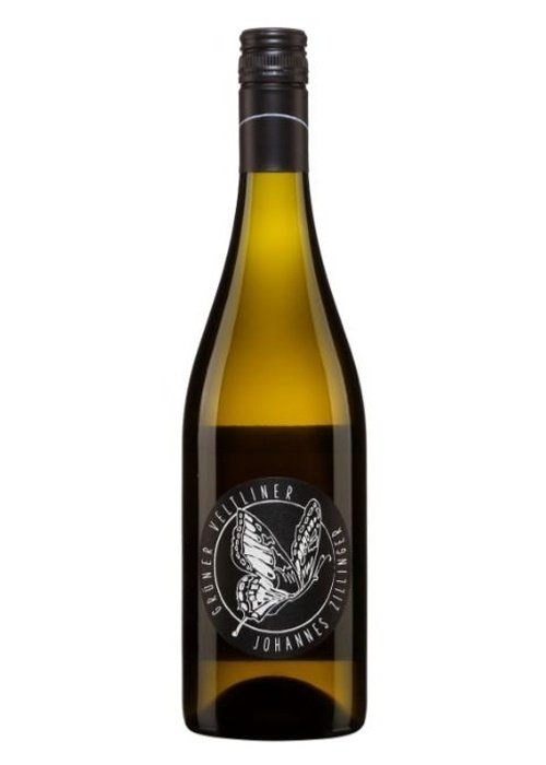 Johannes Zillinger Gruner Veltliner white wine bottle with butterfly label