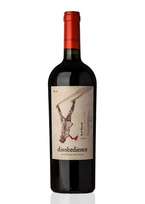 Kaiken Disobedience Red Blend wine bottle by Francis Mallmann with upside-down figure label