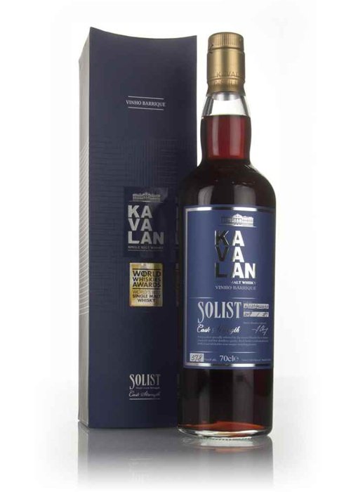 Kavalan Solist Vinho Barrique Cask Strength 55.6% ABV whisky bottle with dark blue box