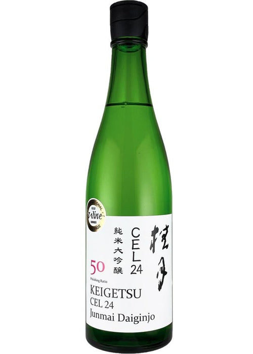 Keigetsu Cel24 Junmai Daiginjo sake bottle with white label and gold Wine of the Year seal