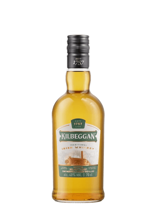 Kilbeggan Irish Whiskey 700ml bottle with amber liquid and green label