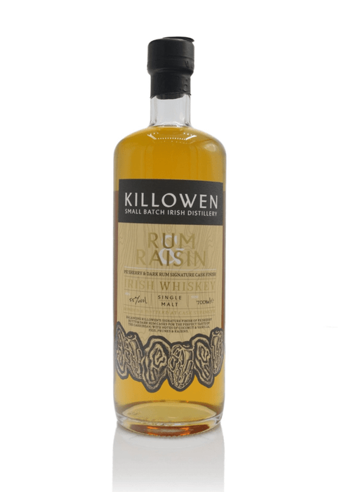 Killowen Rum Raisin Irish Whiskey 700ml single malt bottle with amber liquid and black cap