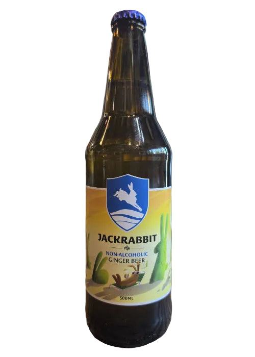Kinnegar Brewing Jackrabbit Non-Alcoholic Ginger Beer 500mL brown glass bottle with blue cap and yellow-orange label