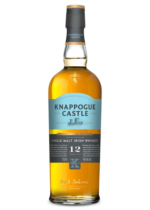 Knappogue Castle 12 Year Old Single Malt Irish Whiskey bottle with blue label and amber liquid