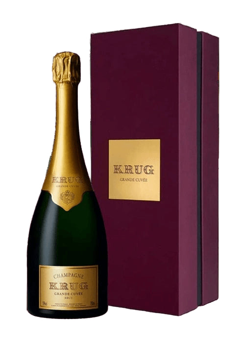 Krug Grande Cuvee sparkling wine bottle with gold foil and burgundy gift box