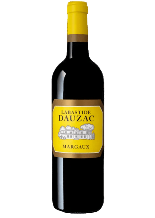 La Bastide Dauzac Margaux red wine bottle with yellow label and gold border