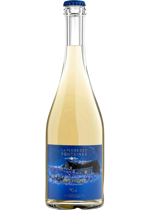 La Ferme Des Fontaines Pet Night sparkling wine bottle with blue winter label and metal cap