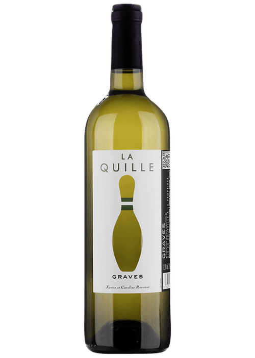 La Quille Chateau de Cerons Bordeaux Blanc wine bottle with Graves label and olive pin graphic