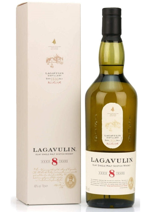Lagavulin 8 Year Old Islay Single Malt Scotch Whisky bottle and box with cream label