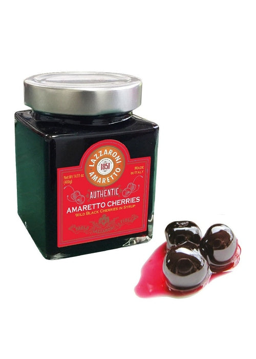 Lazzaroni Amaretto Cherries 400g jar with wild black Amarena cherries in syrup for cocktail garnish