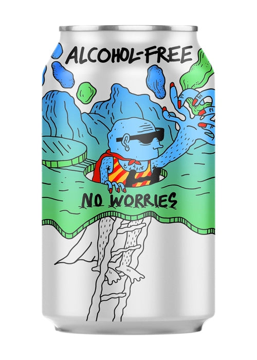 Lervig No Worries alcohol-free pale ale can with blue cartoon character label