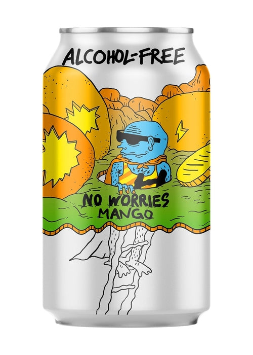 Lervig No Worries Mango alcohol-free pale ale can with tropical mango flavor and cartoon label design