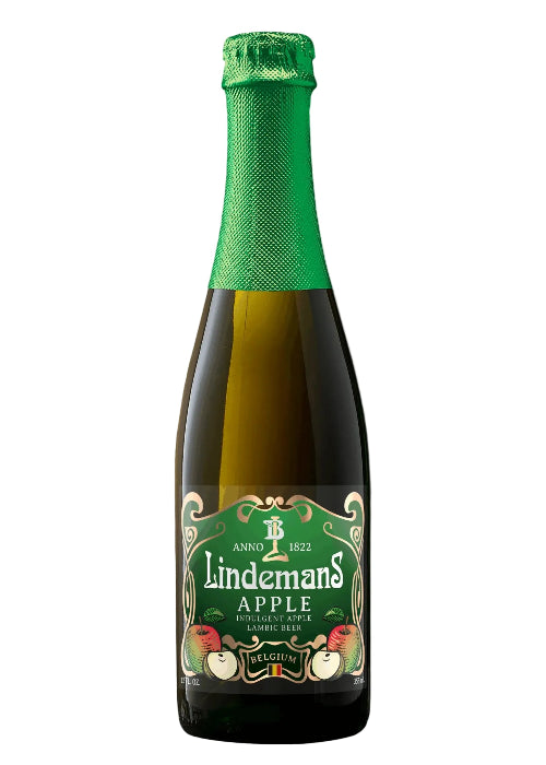 Lindemans Apple Belgian sour lambic beer bottle with green foil cap and apple label