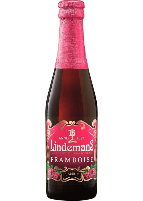 Lindemans Framboise 375ml Belgian raspberry lambic beer bottle with pink foil cap