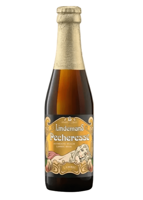 Lindemans Pecheresse 375ml peach lambic beer bottle with gold foil neck and vintage label