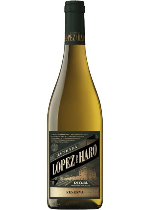 Lopez de Haro Rioja Reserva Blanco white wine bottle with golden hue and elegant label