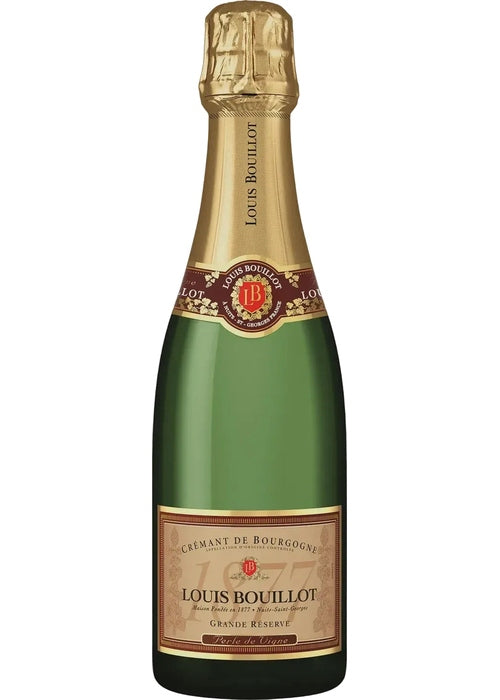 Louis Bouillot Crémant de Bourgogne Perle de Vigne Brut sparkling wine bottle with gold foil neck and beige label