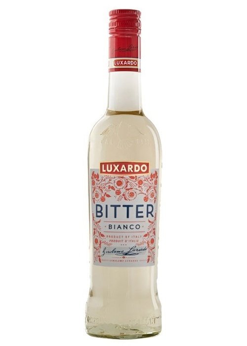 Luxardo Bitter Bianco Italian vermouth bottle with ivory liquid and red floral label
