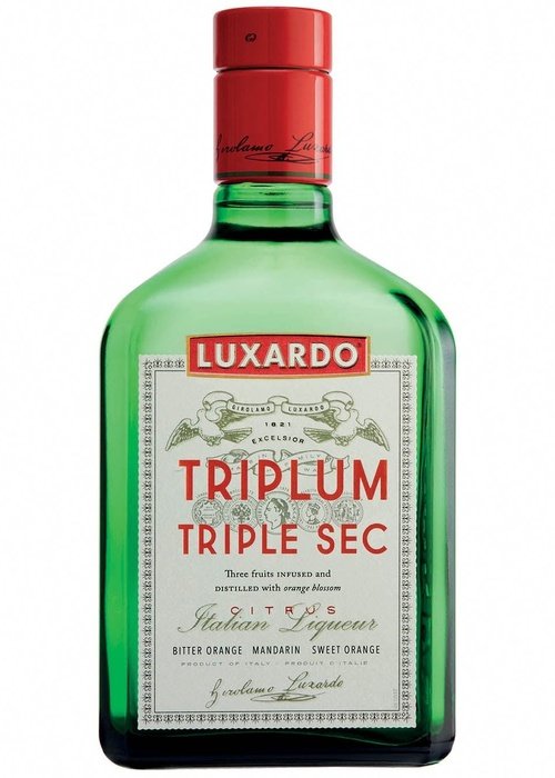 Luxardo Triplum Triple Sec green glass bottle with red cap and citrus label