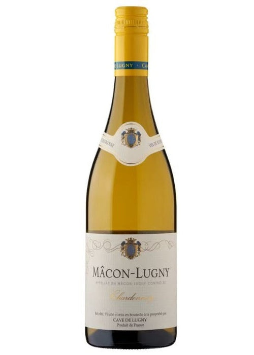 Macon-Lugny Chardonnay white wine bottle with yellow screw cap and cream label
