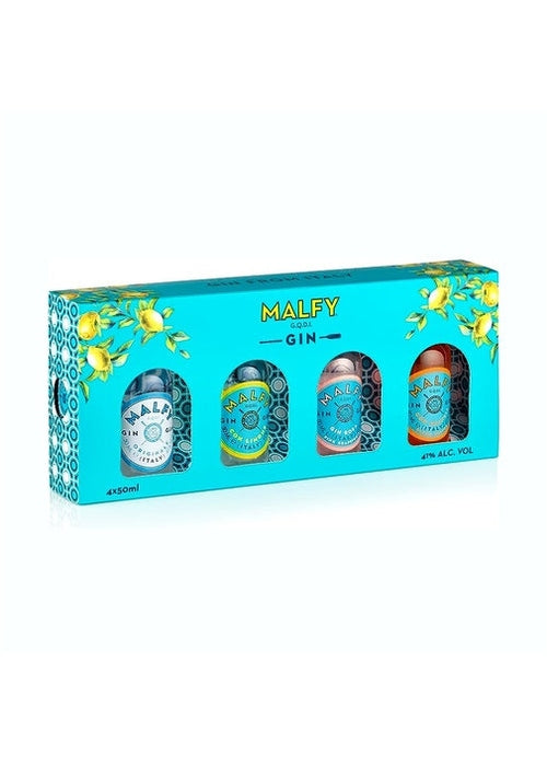 Malfy Gin 4x50ml miniature gift pack with Original, Lemon, Grapefruit and Blood Orange bottles in turquoise box