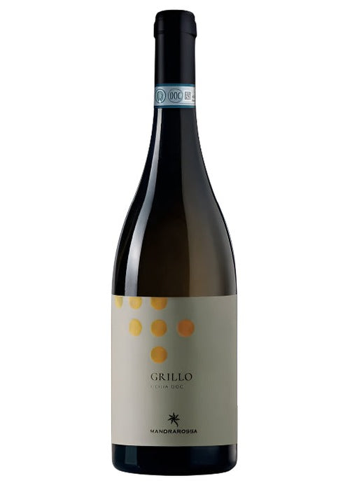 Mandrarossa Grillo white wine bottle with orange circle label design