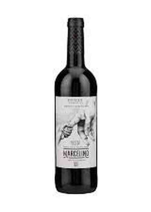 Marcelino Rioja Reserva red wine bottle with black foil neck and grayscale vineyard label
