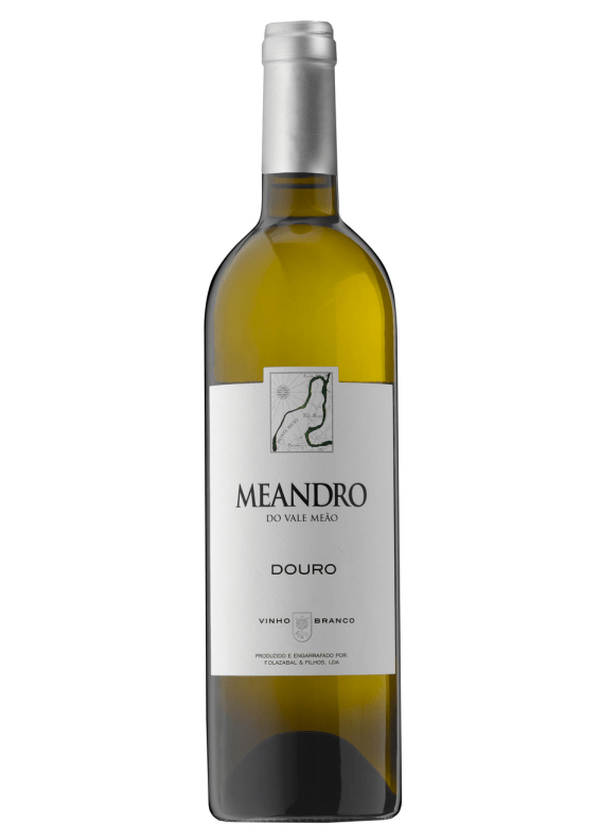 Meandro Douro Blanco white wine bottle with greenish-yellow liquid and river map label