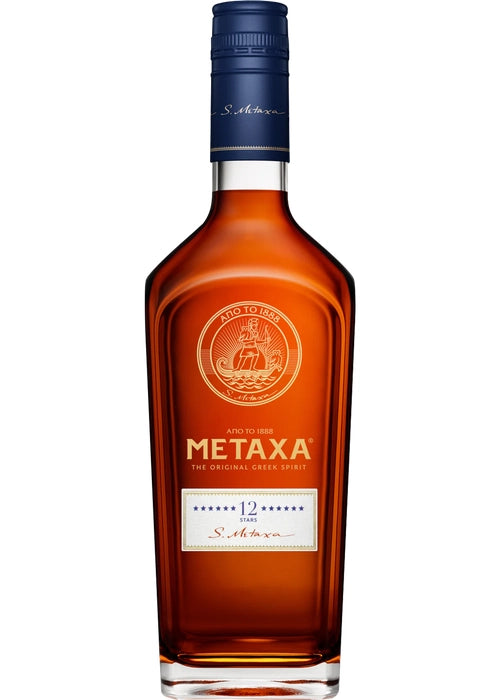 Metaxa 12 Stars Greek Brandy 700ml bottle with amber liquid and blue cap