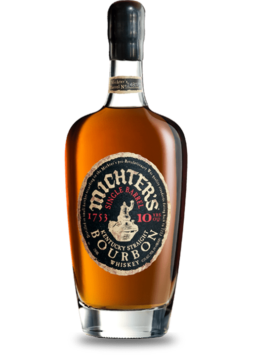 Michter's 10 Year Old Single Barrel Kentucky Straight Bourbon bottle with amber liquid and blue label