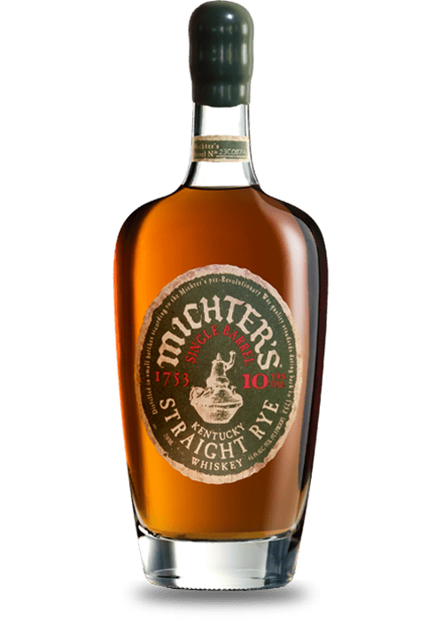 Michter's 10 Year Old Single Barrel Kentucky Straight Rye whiskey bottle with amber liquid and vintage label