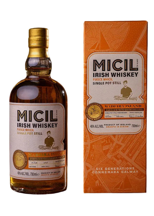 Micil Madeira Island Single Pot Still Whiskey 700ml bottle and orange packaging box