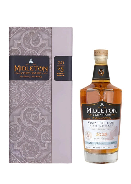 Midleton Very Rare 2025 Irish Whiskey bottle next to light purple-gray retail box