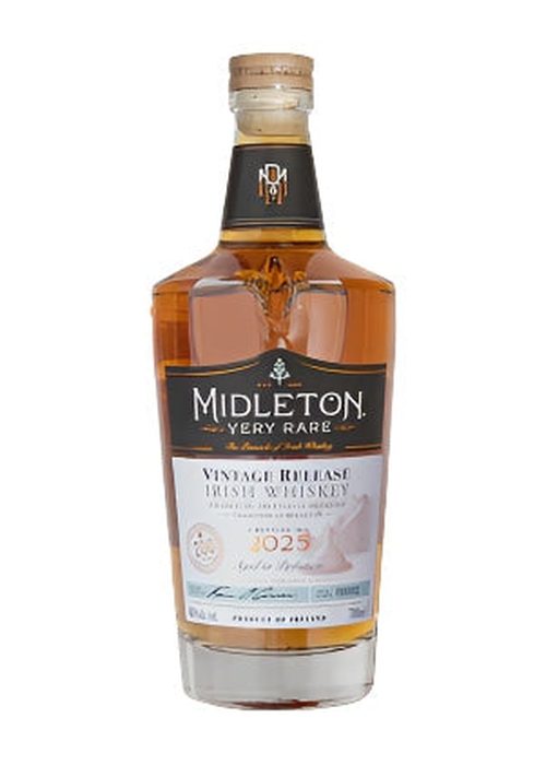 Midleton Very Rare Vintage 2025 Irish Whiskey bottle with cork stopper and black label