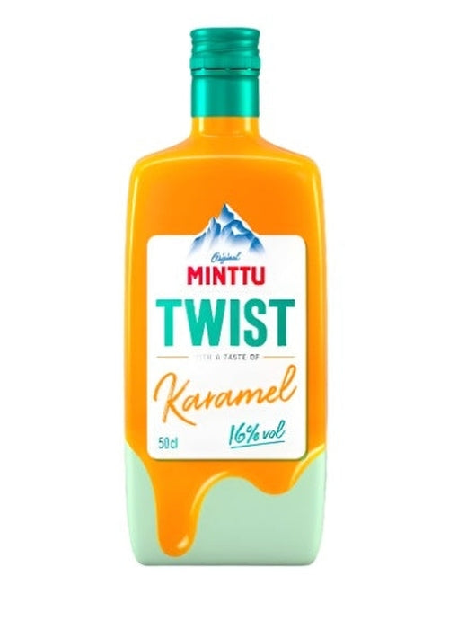Minttu Twist Karamel 500ml liqueur bottle with mint green and orange label