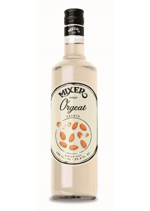 Mixer Orgeat Syrup 1L bottle with almond extract and gluten-free label
